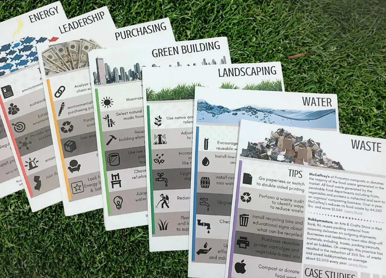Seven environmental sustainability brochures titled Energy, Leadership, Purchasing, Green Building, Landscaping, Water, and Waste with icons, arranged on grass.