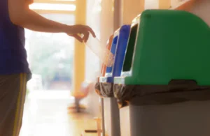 A person disposes of a plastic bottle into a green recycling bin indoors. Soft sunlight filters through, creating a warm, responsible, and eco-friendly atmosphere.